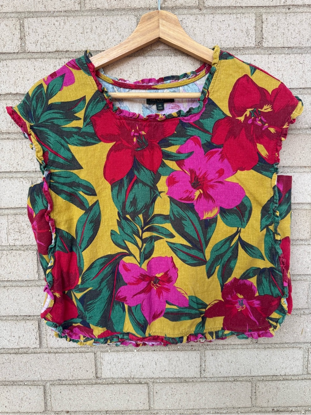 For Cynthia Linen Blend Floral Top Tropical Ruffle Artsy Boho Blouse Pet Small